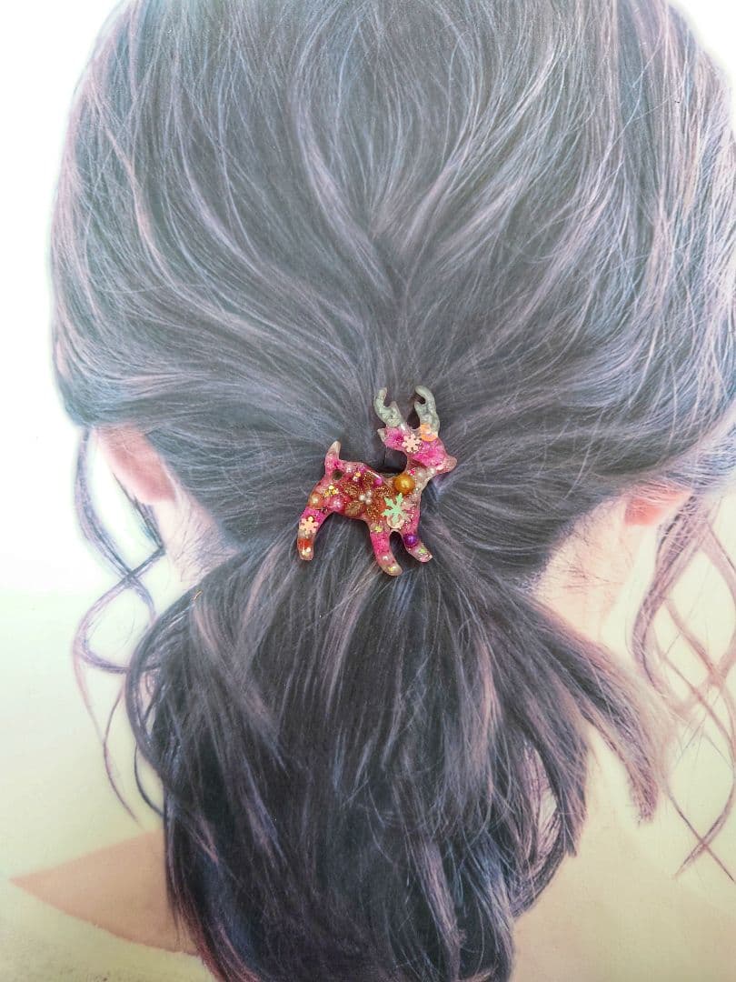 レジン　猫　トナカイ　ヘアゴム　ブローチ　ポニーフック　No.348