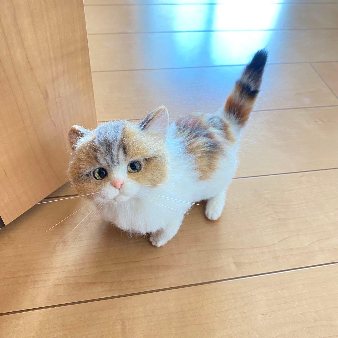 羊毛フェルト猫 全身 リアル可愛い三毛のマンチカン