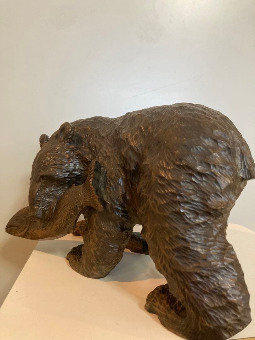 木彫り熊　鮭咥え熊　あらき作　美品　木彫