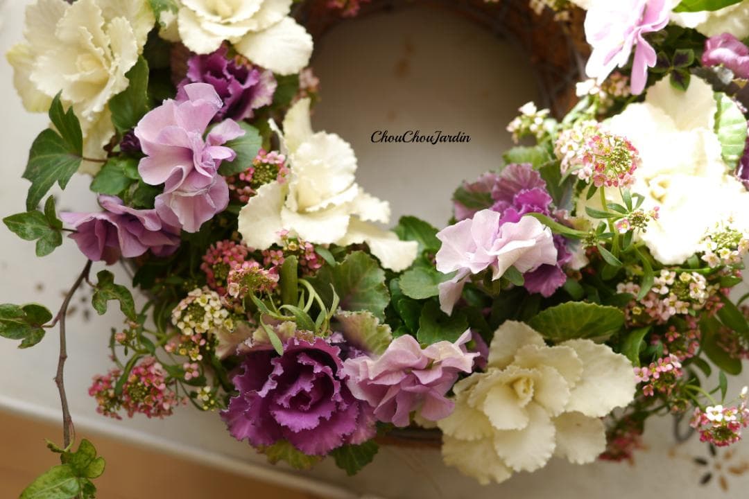 リース　寄せ植え　パンジー　葉ボタン　ウェディング　ガーデニング