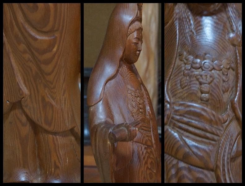 古杉 細工彫り『聖観音菩薩像』大型木製立像仏像仏教美術 美しい木目 高さ51㎝