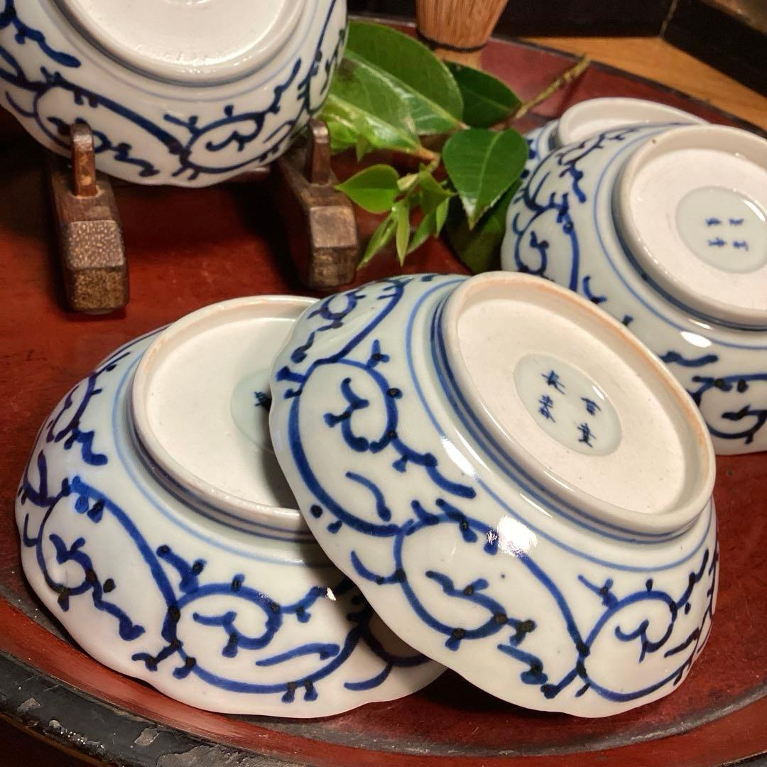 A929 古伊万里　染付　微塵唐草　萩唐草　輪花型中皿　浅鉢　　5枚