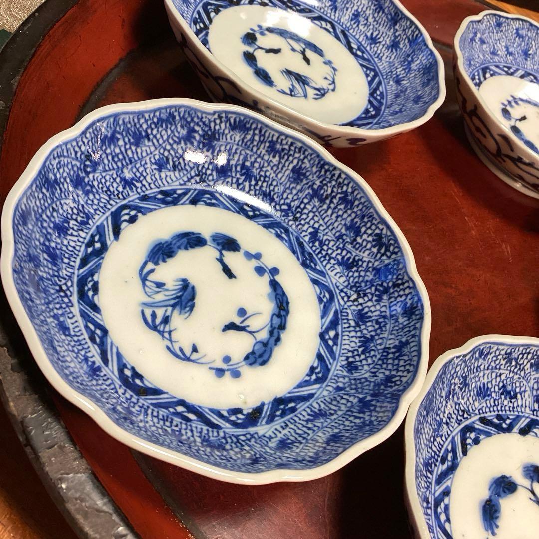 A929 古伊万里　染付　微塵唐草　萩唐草　輪花型中皿　浅鉢　　5枚