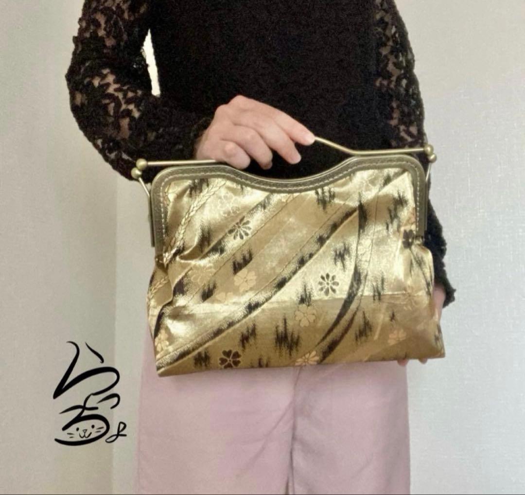 帯リメイク 金×花 変わりがま口バッグ