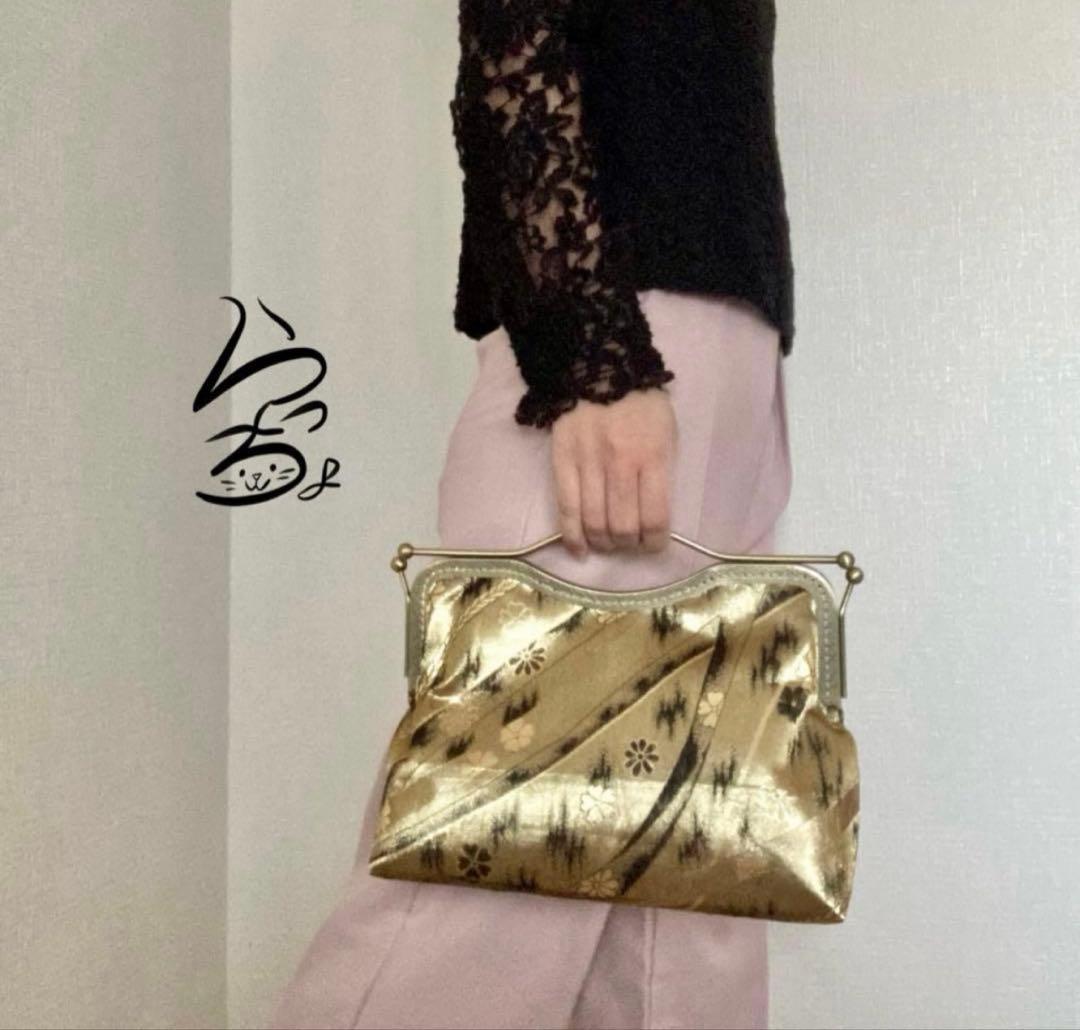 帯リメイク 金×花 変わりがま口バッグ