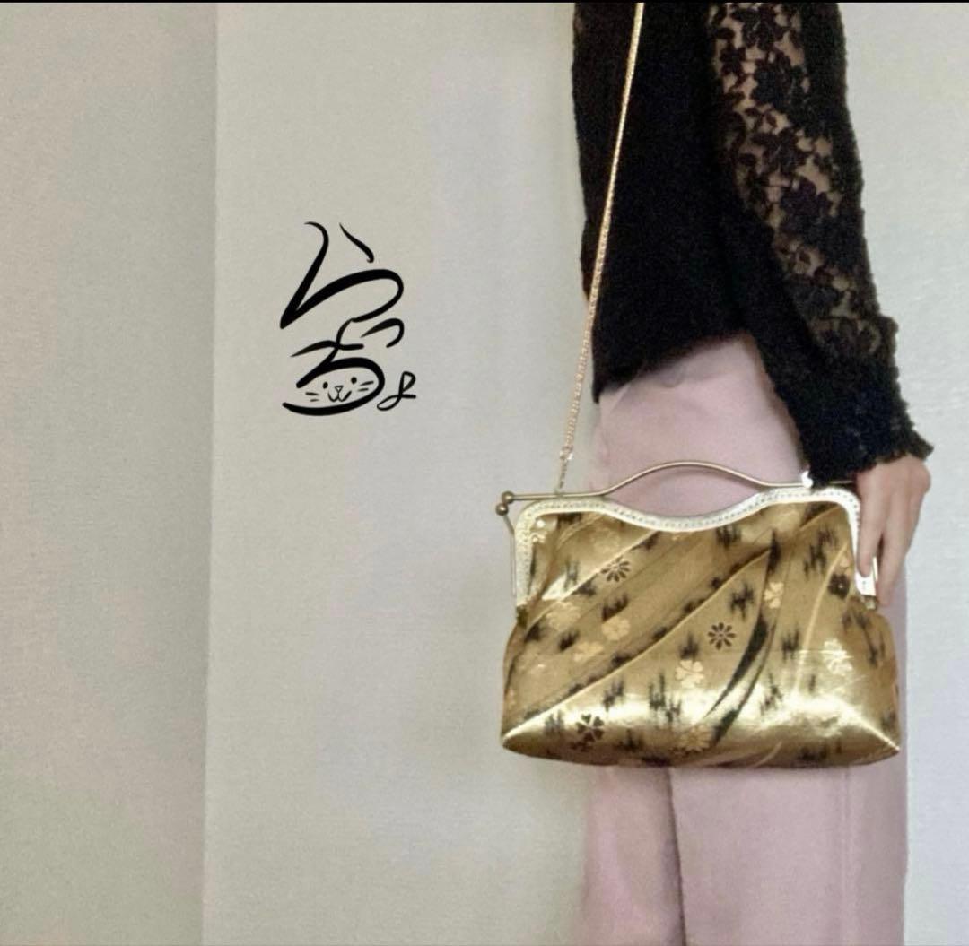 帯リメイク 金×花 変わりがま口バッグ