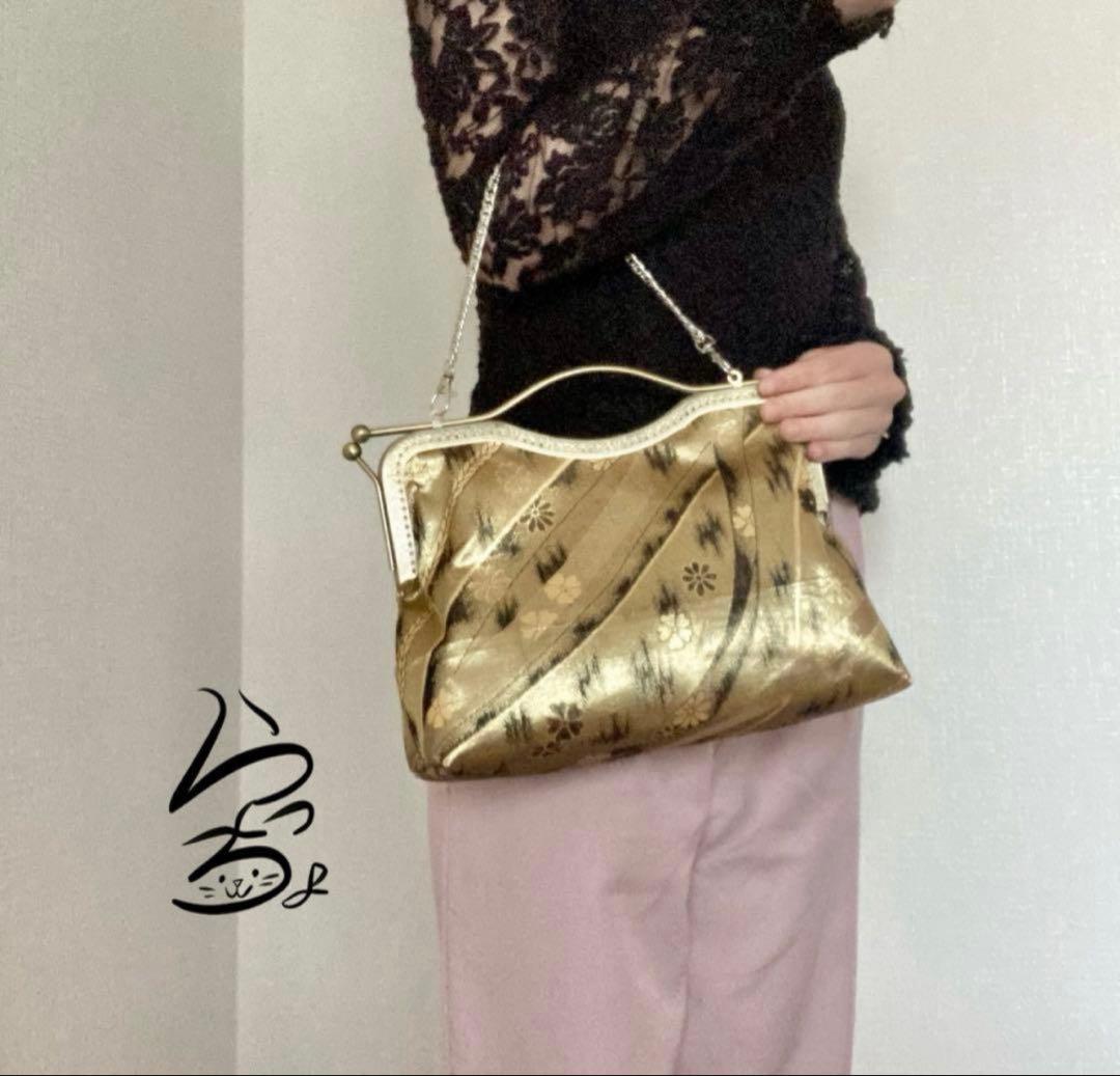 帯リメイク 金×花 変わりがま口バッグ