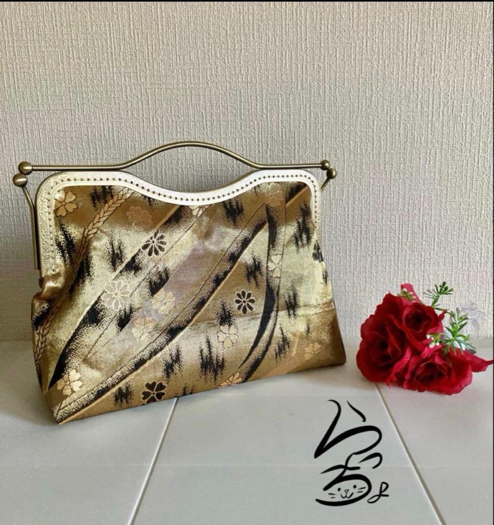帯リメイク 金×花 変わりがま口バッグ