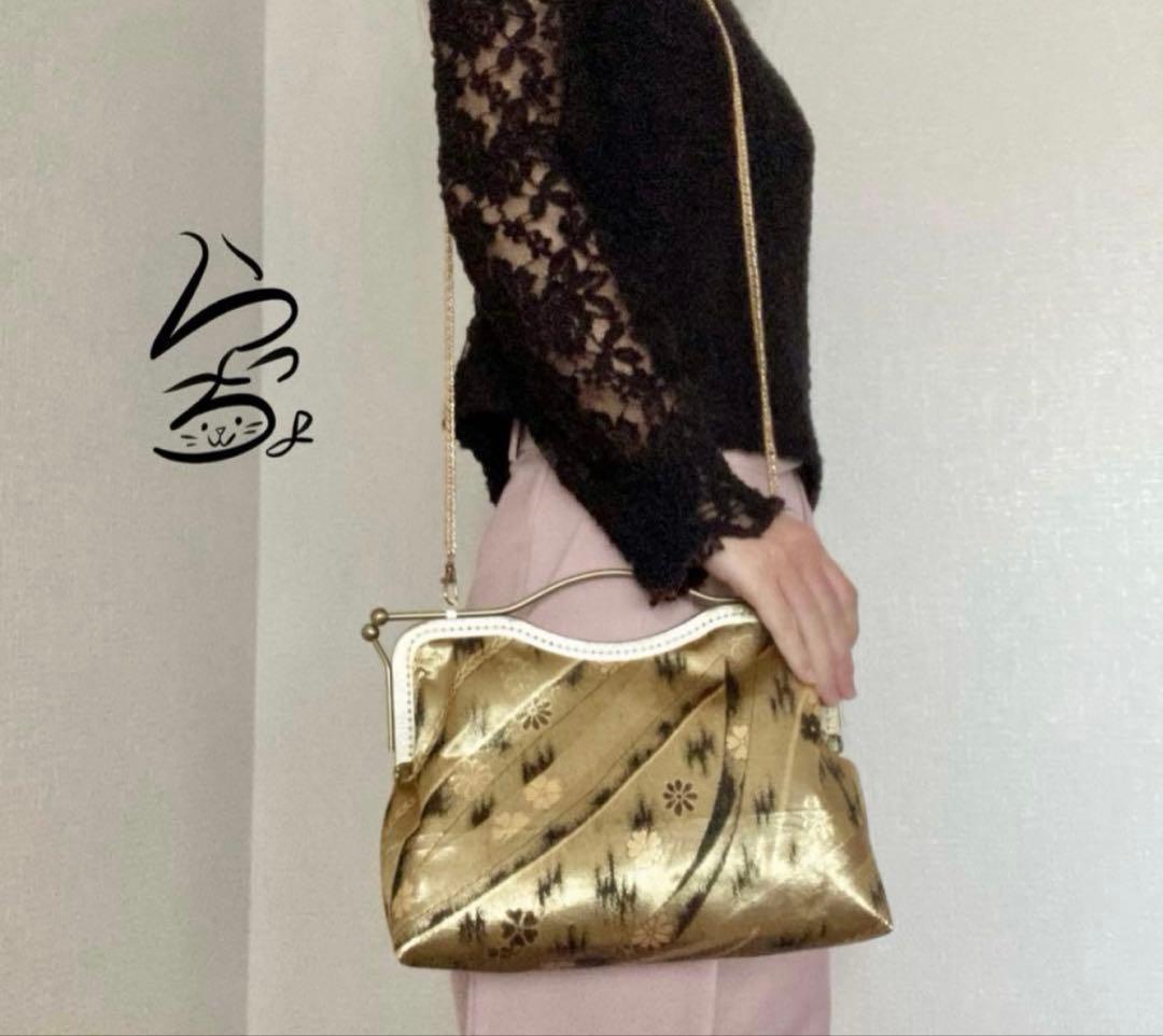 帯リメイク 金×花 変わりがま口バッグ