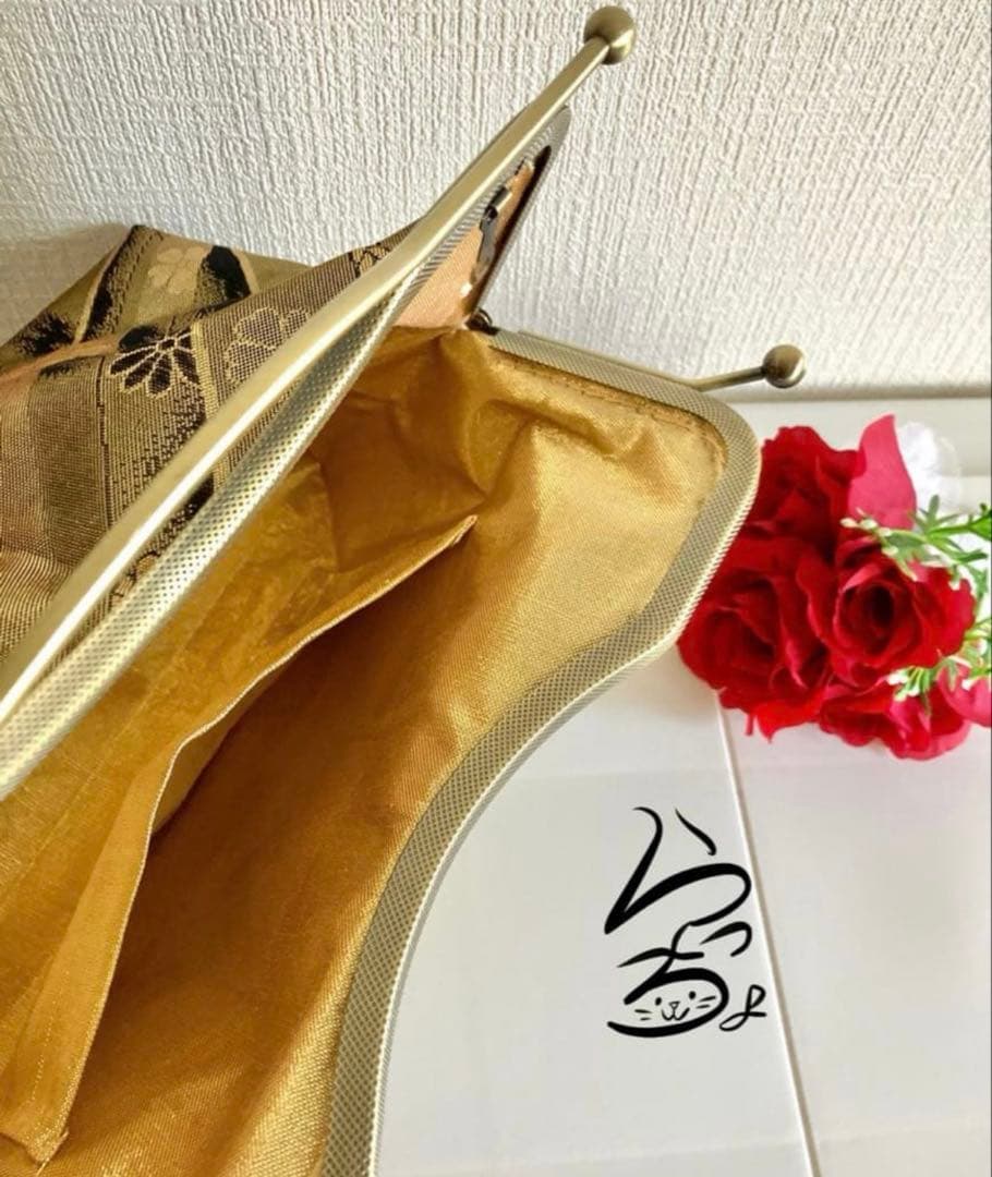 帯リメイク 金×花 変わりがま口バッグ