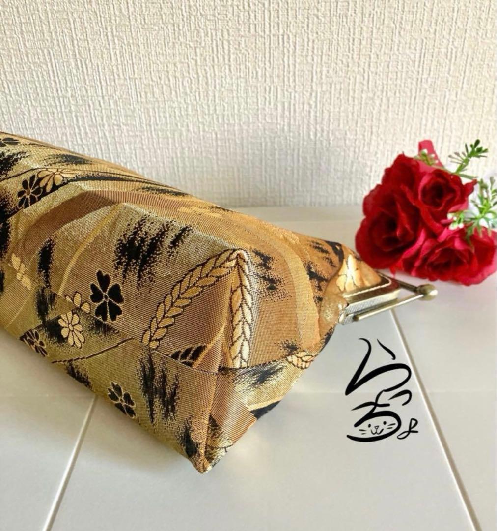 帯リメイク 金×花 変わりがま口バッグ