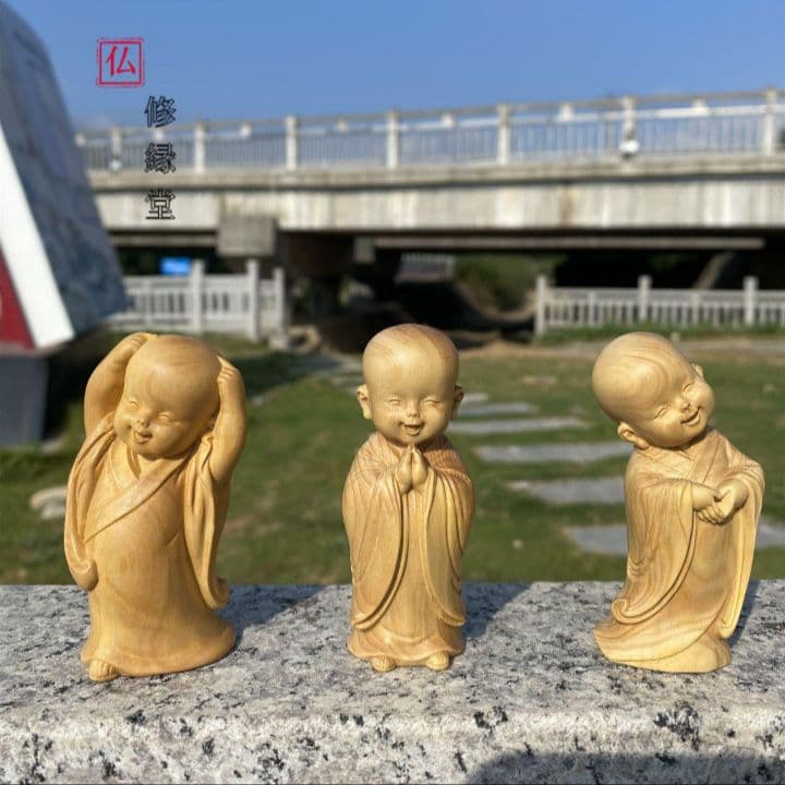 【修縁堂】高品質 小坊主 小和尚 置物 一式 禅の意 木彫り