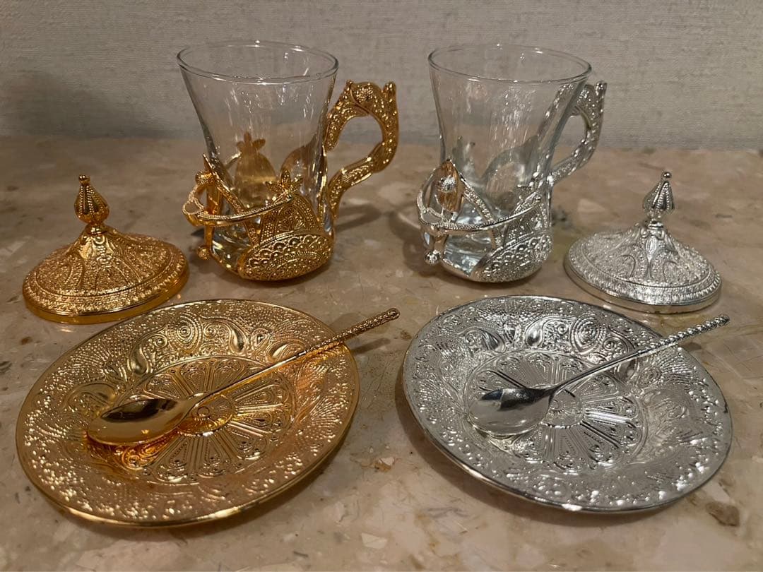 【6個セット】小物入れ、ジュエリーケース、爪楊枝入れ、砂糖、クリープ、金色、銀色