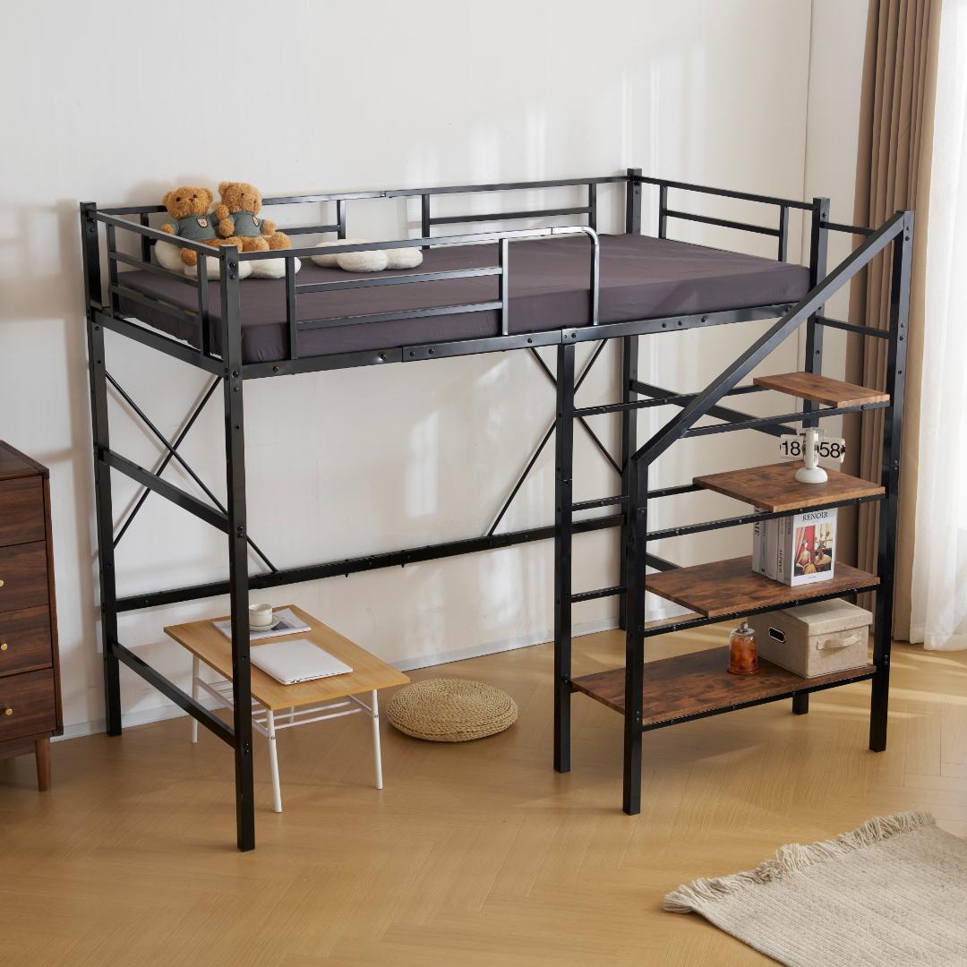 【シングル】システムベッド　階段付き　スチール　パイプベッドフレーム　BLACK