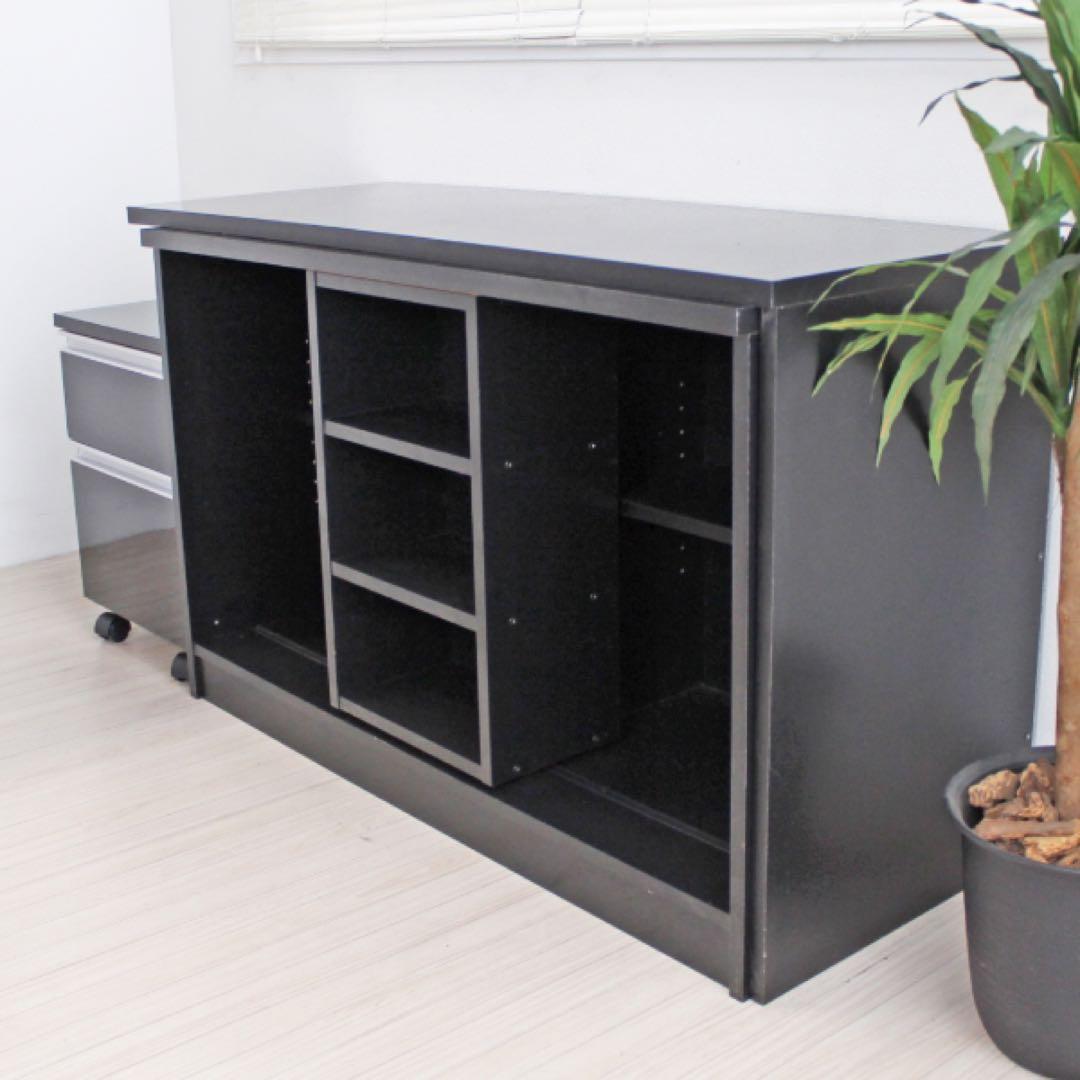 パソコンデスク 最大210cm デスクセット 机+スライド書棚+チェスト