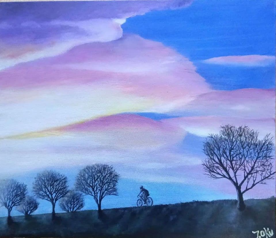 油彩画 題名「春夕焼の向こうへ」額縁付F10号