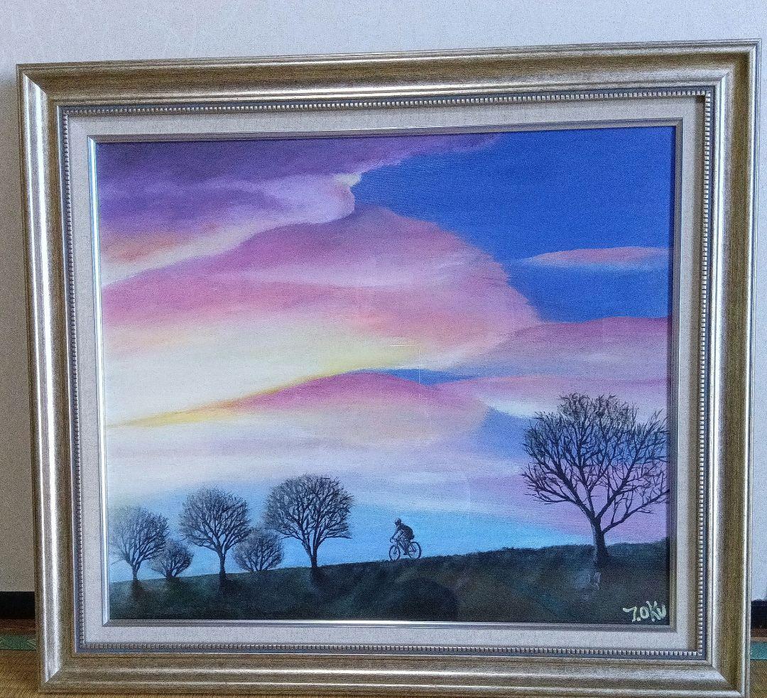 油彩画 題名「春夕焼の向こうへ」額縁付F10号