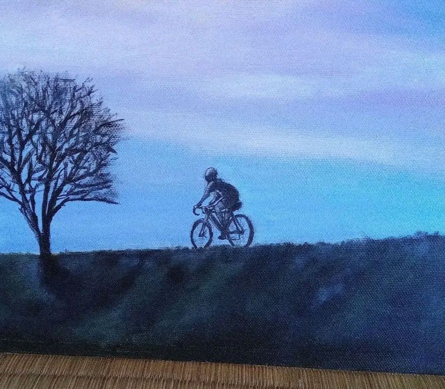 油彩画 題名「春夕焼の向こうへ」額縁付F10号