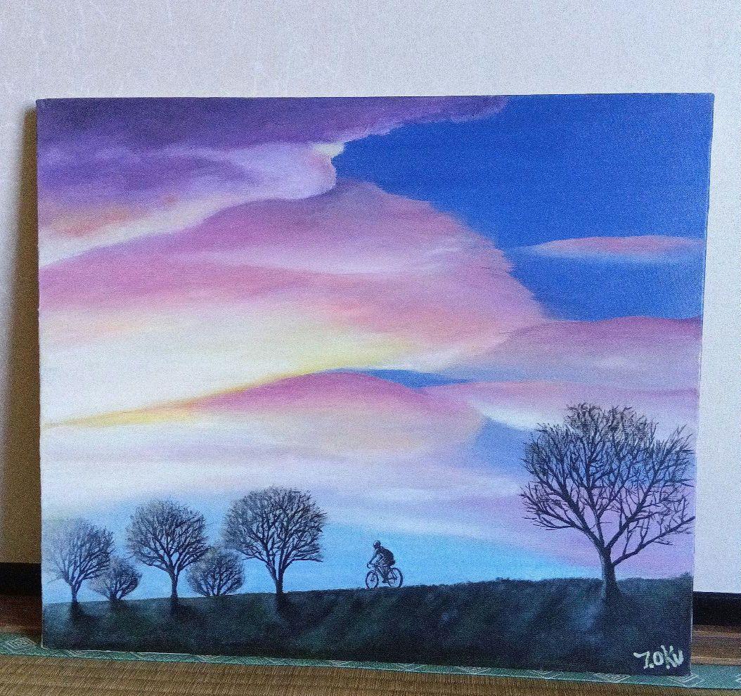 油彩画 題名「春夕焼の向こうへ」額縁付F10号