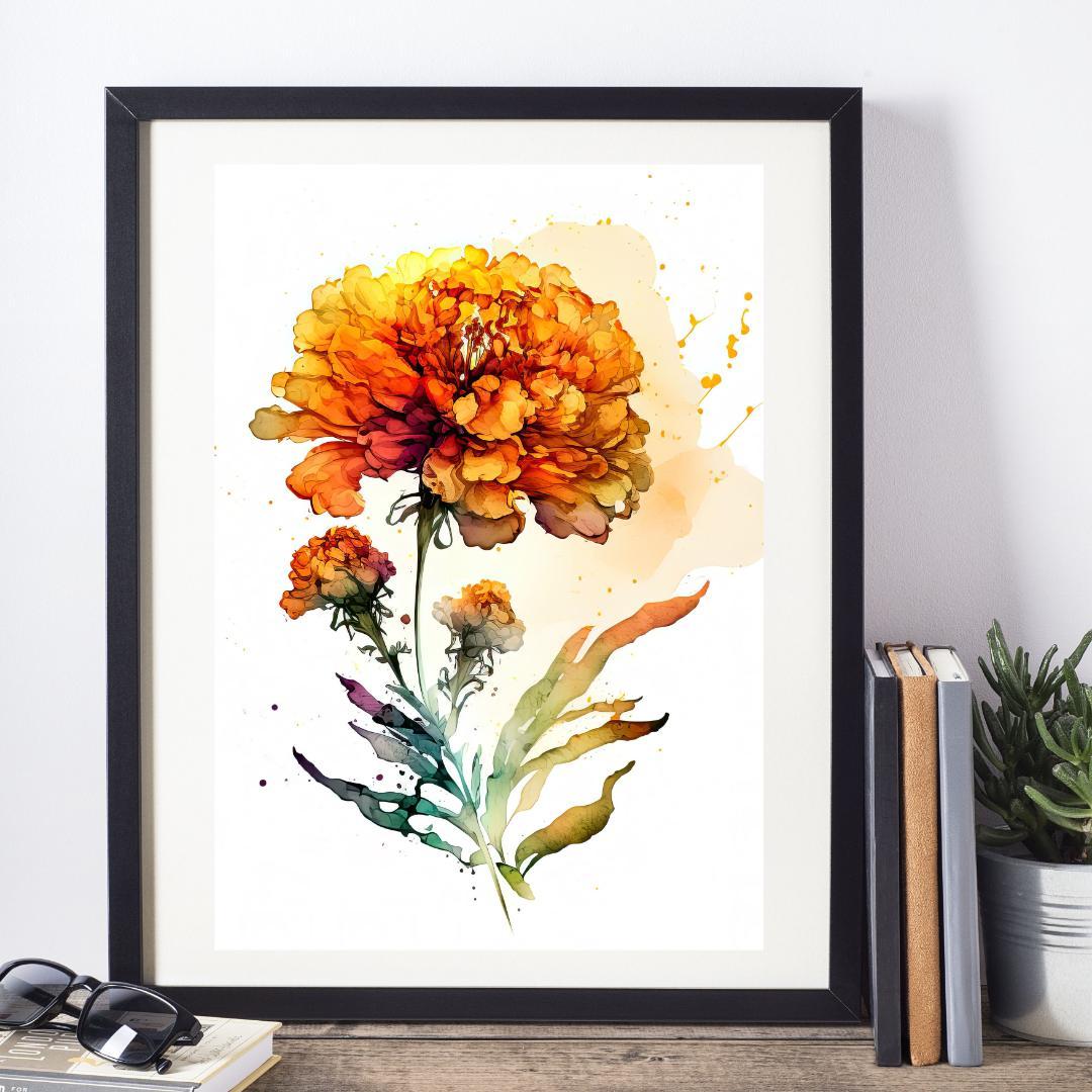 マリーゴールド 水彩画 黄色花 ボタニカル アートポスター Flower