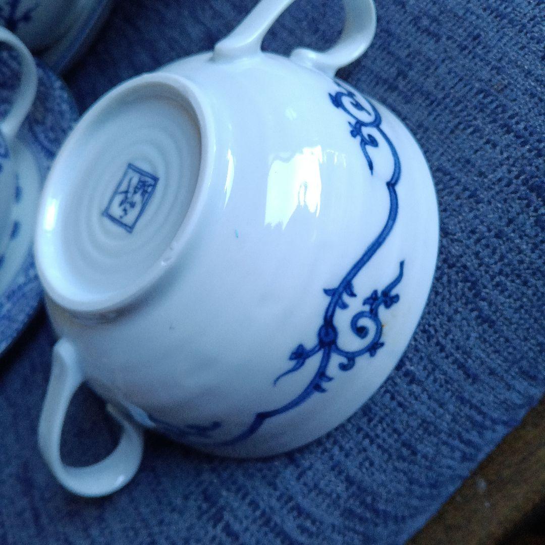 波佐見焼　藍染窯　蛸唐草　染めつけ　スープカップ&ソーサー5セット