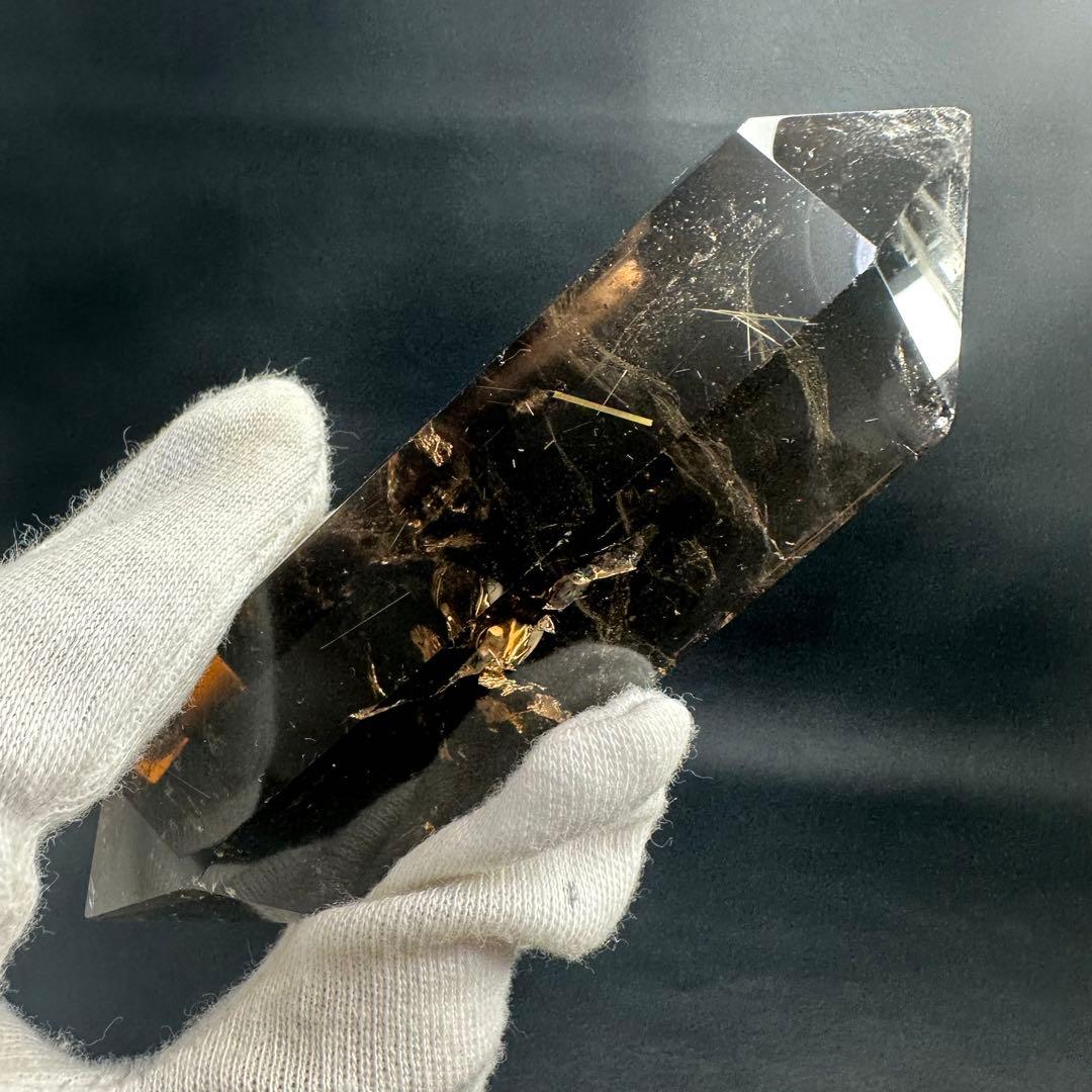 【金運· 魔除 】ゴールドルチル ☆虹☆スモーキークォーツダブルポイントA948