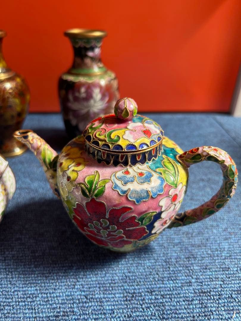 1012  中国　景泰藍　七宝　琺瑯　急須1   花瓶4  小物入れ1  時代物