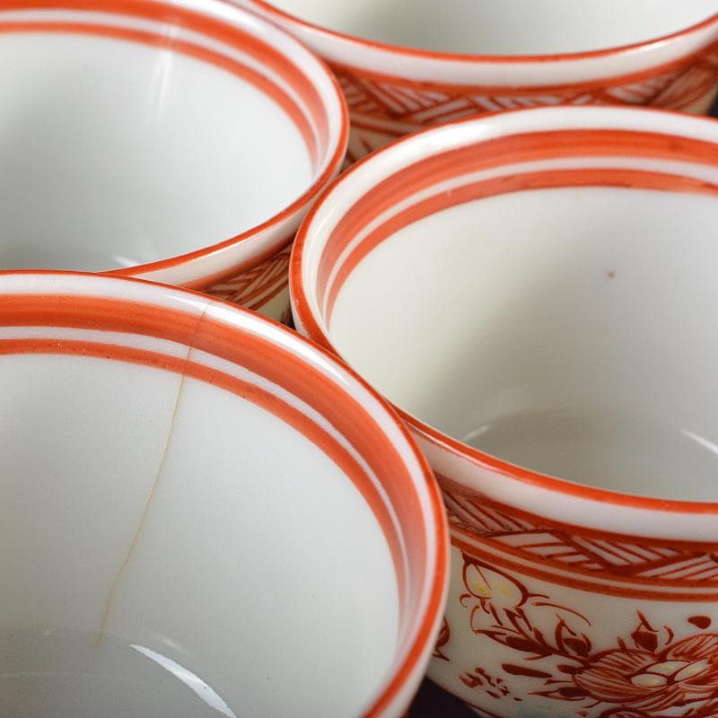 九谷焼 古九谷 赤絵 漢詩花蝶文 煎茶碗 角福銘 五客 時代箱付 D R6328