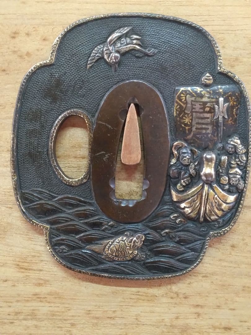 鍔 鐔 寶船 2枚組 江戸時代 アンティーク 七福神 鶴 亀 波 美濃鍔