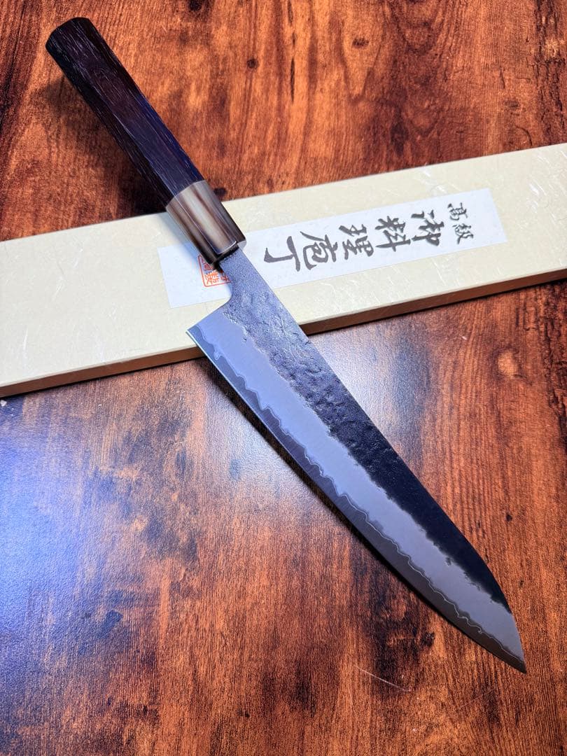 助松　和牛刀 8寸　青紙スーパー鋼　梨地 黒打　包丁　紫檀白水牛八角柄