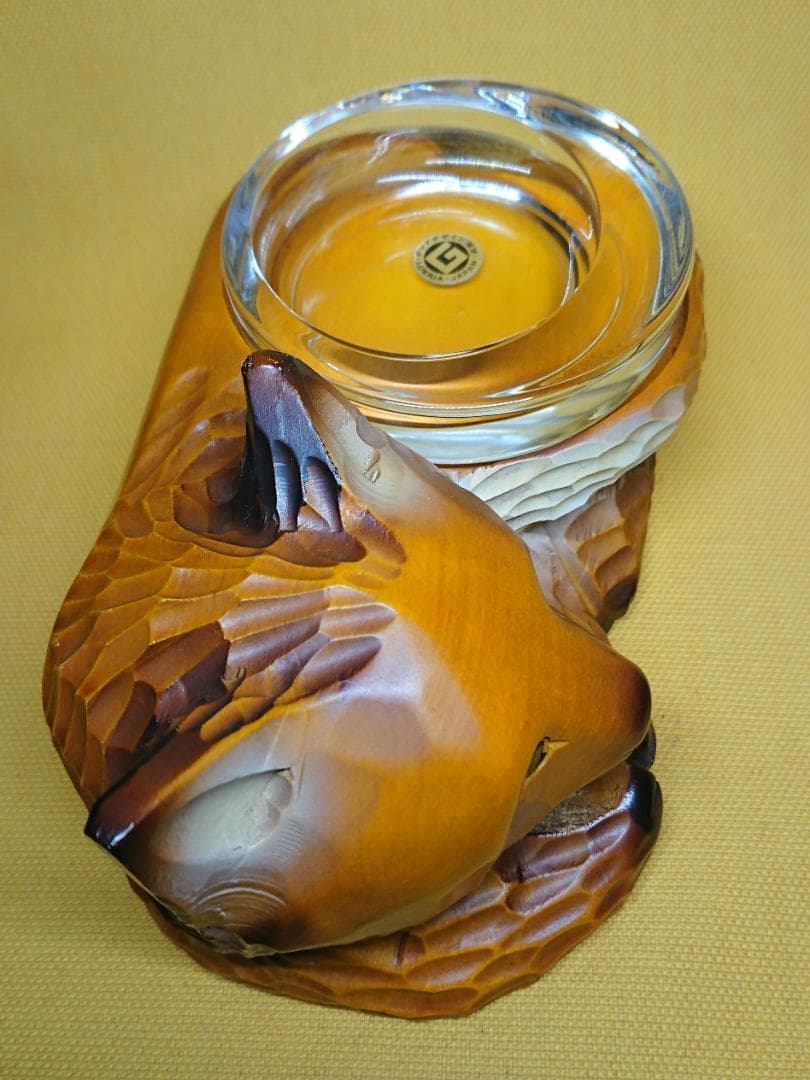 【美品】キツネ　狐　木彫　ガラス　置物　インテリア　工芸品　美術品　A1039