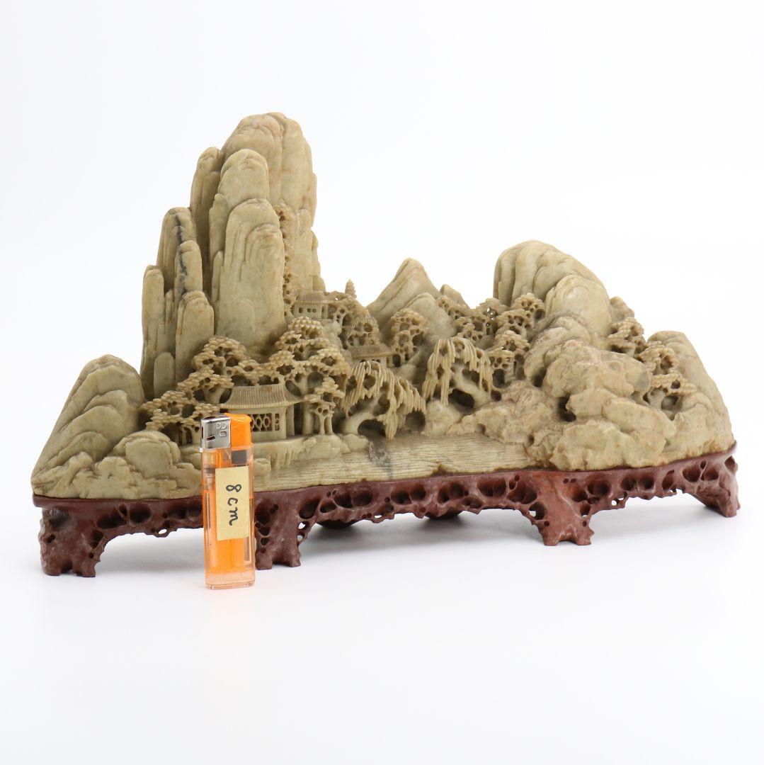 中国 寿山石楼閣山水雕 床飾 置物 彫刻　V306　KZ