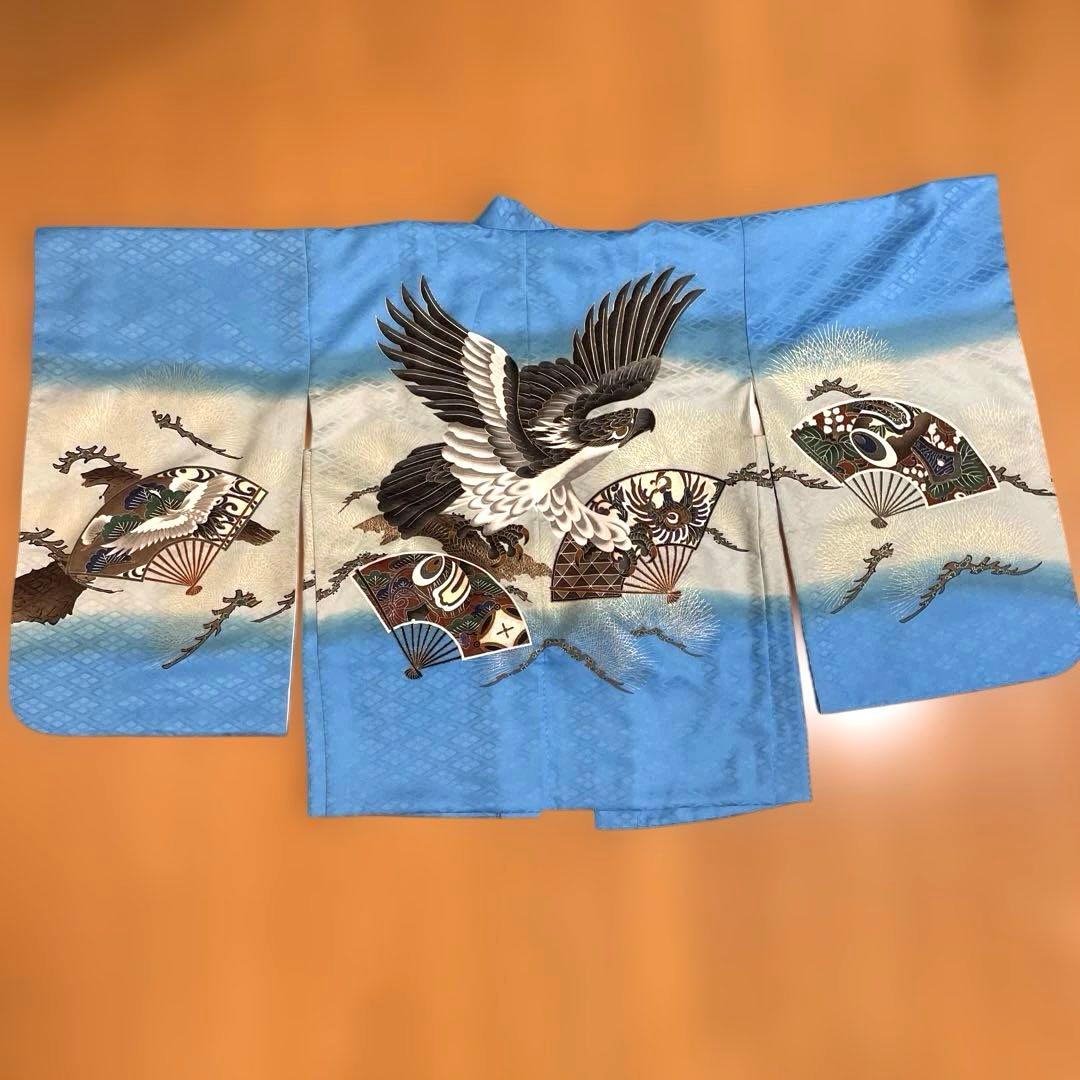 七五三 水色着物フルセット男の子100〜120扇子と鷹のデザイン