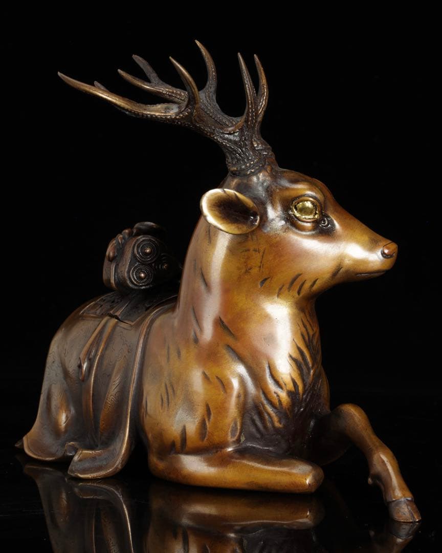 金工師 宗信造 蝋型鋳造 銅製 鹿 香炉 共箱 細密彫刻 置物 古美術品 骨董品