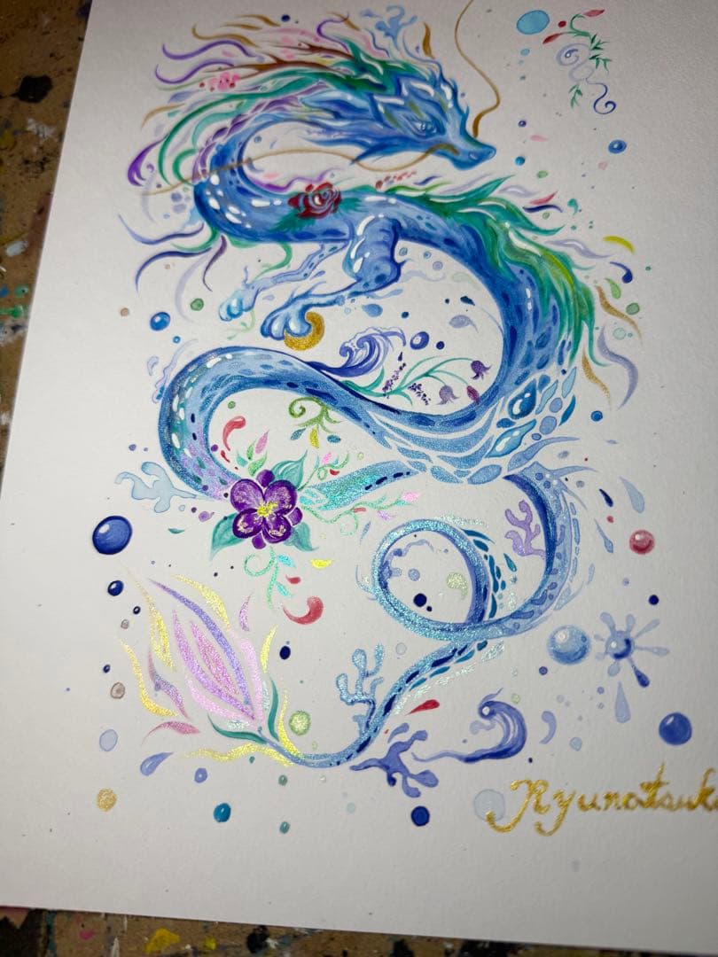 「色鮮やかに輝く水龍」 龍神 開運絵画 アクリル画 龍ノツカイ