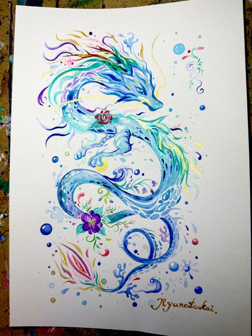 「色鮮やかに輝く水龍」 龍神 開運絵画 アクリル画 龍ノツカイ