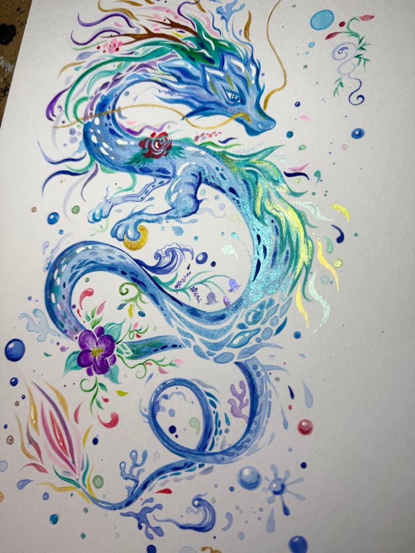 「色鮮やかに輝く水龍」 龍神 開運絵画 アクリル画 龍ノツカイ