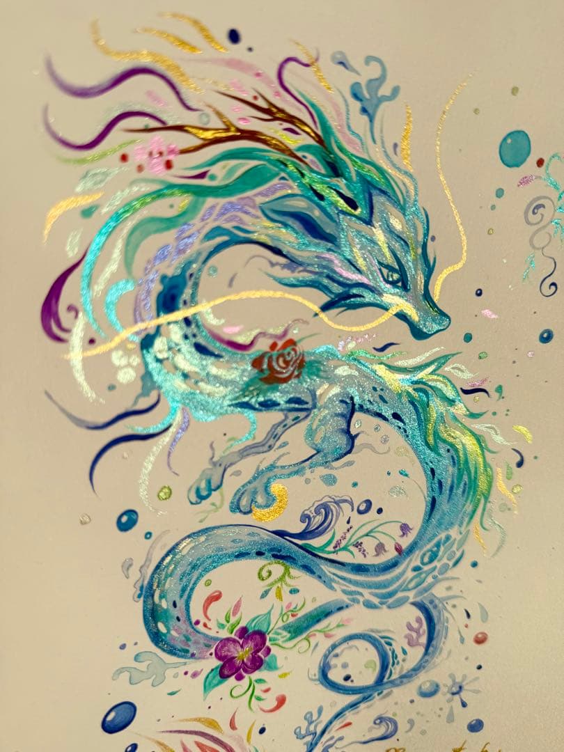 「色鮮やかに輝く水龍」 龍神 開運絵画 アクリル画 龍ノツカイ