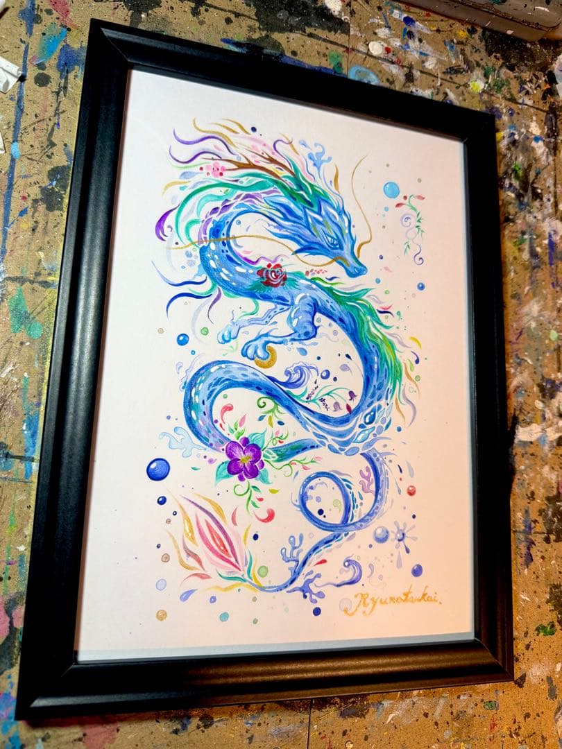 「色鮮やかに輝く水龍」 龍神 開運絵画 アクリル画 龍ノツカイ
