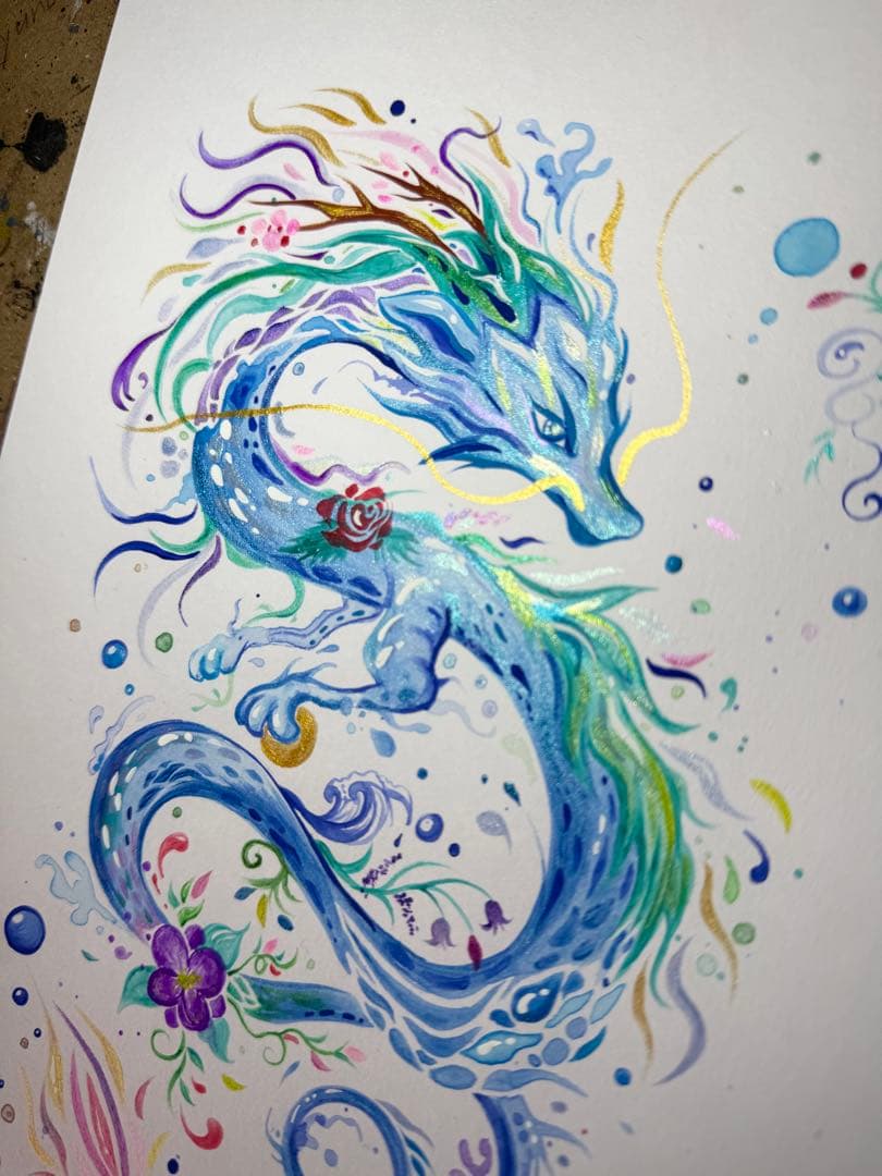 「色鮮やかに輝く水龍」 龍神 開運絵画 アクリル画 龍ノツカイ