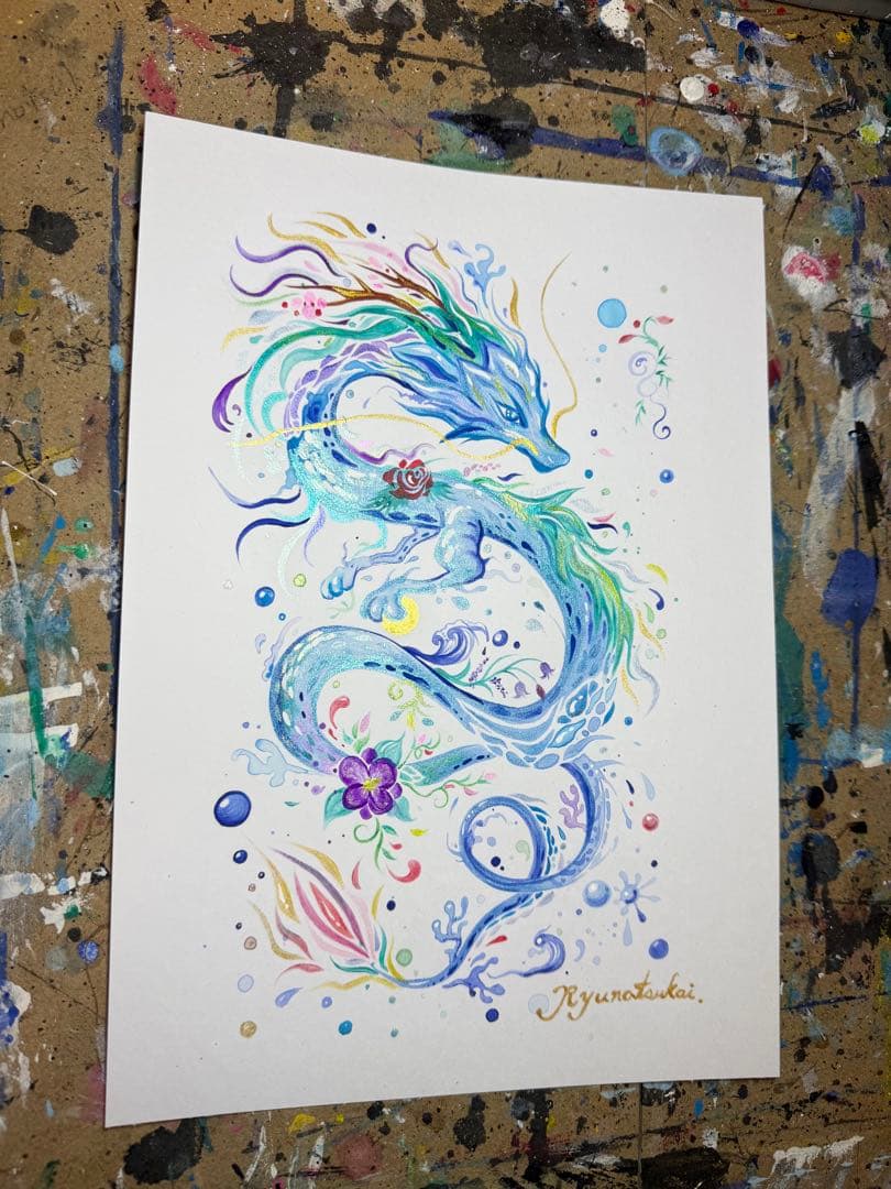 「色鮮やかに輝く水龍」 龍神 開運絵画 アクリル画 龍ノツカイ