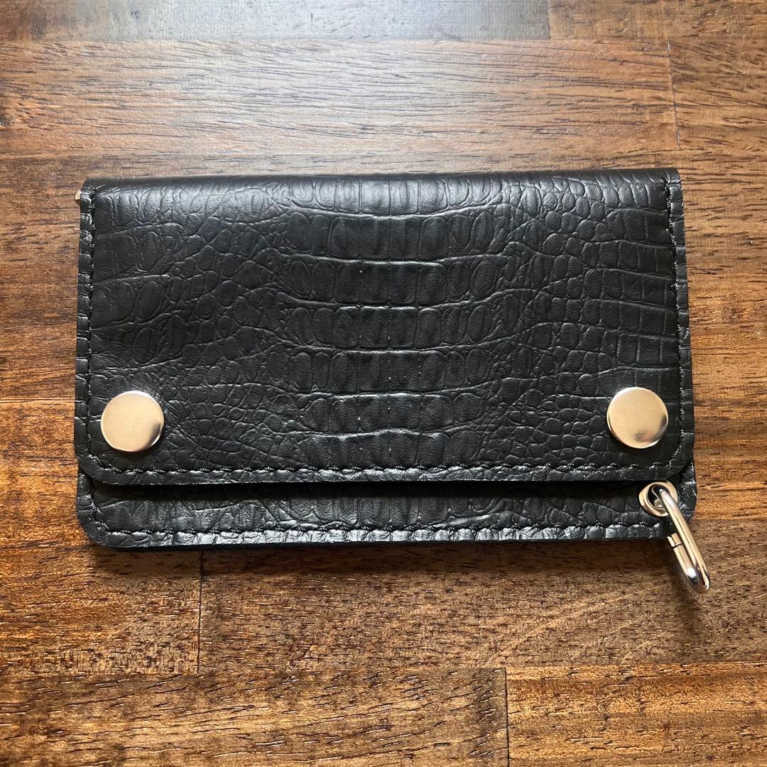 姫路レザー トラッカーウォレット ミドル 黒 クロコ型押し 『紙幣折ら