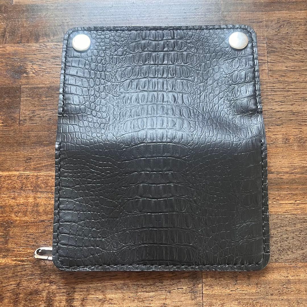 姫路レザー トラッカーウォレット ミドル 黒 クロコ型押し 『紙幣折ら