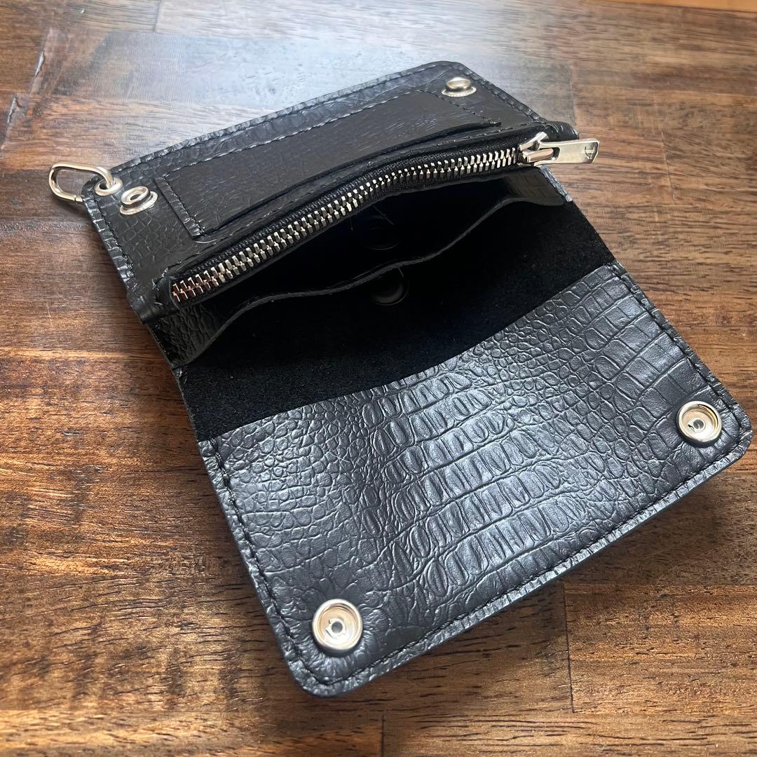 姫路レザー トラッカーウォレット ミドル 黒 クロコ型押し 『紙幣折ら