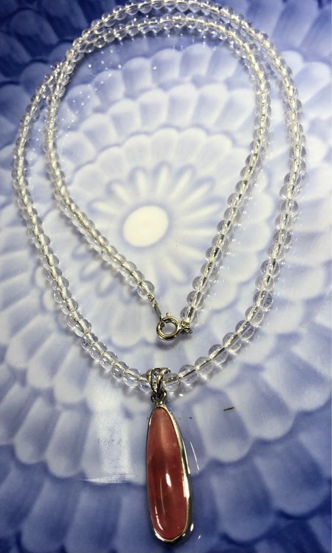 インカローズ、水晶金具シルバーペンダントネックレス現品無料発送