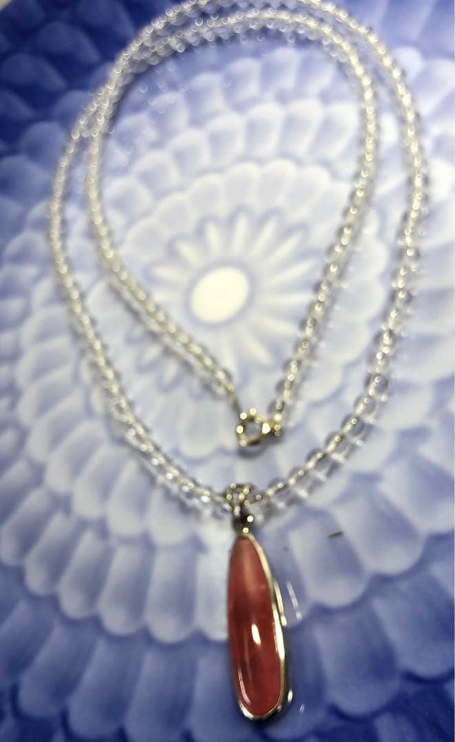 インカローズ、水晶金具シルバーペンダントネックレス現品無料発送