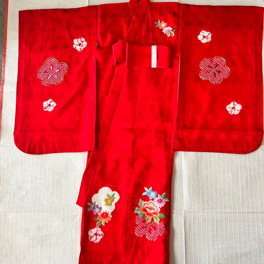 七五三 3歳 フルセット 着物 正絹 総絞り 被布 刺繍 三歳 赤 草履 753