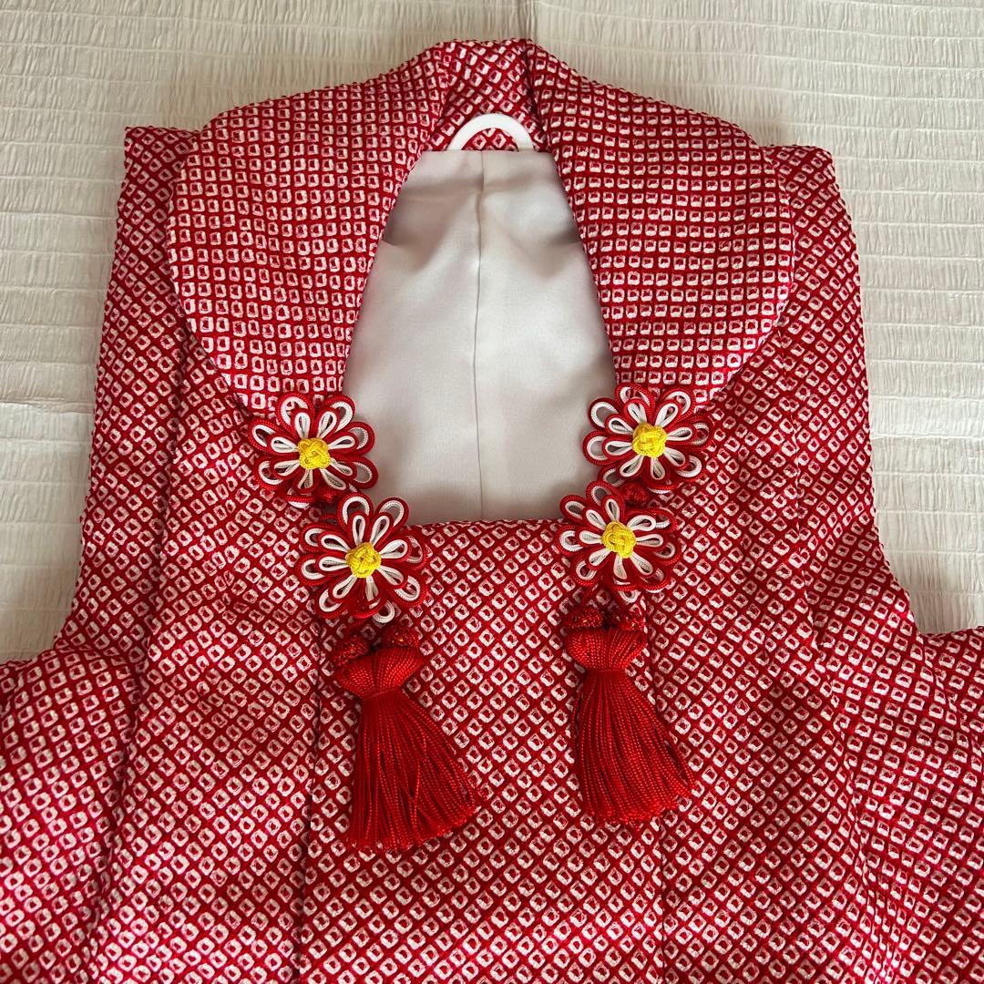 七五三 3歳 フルセット 着物 正絹 総絞り 被布 刺繍 三歳 赤 草履 753