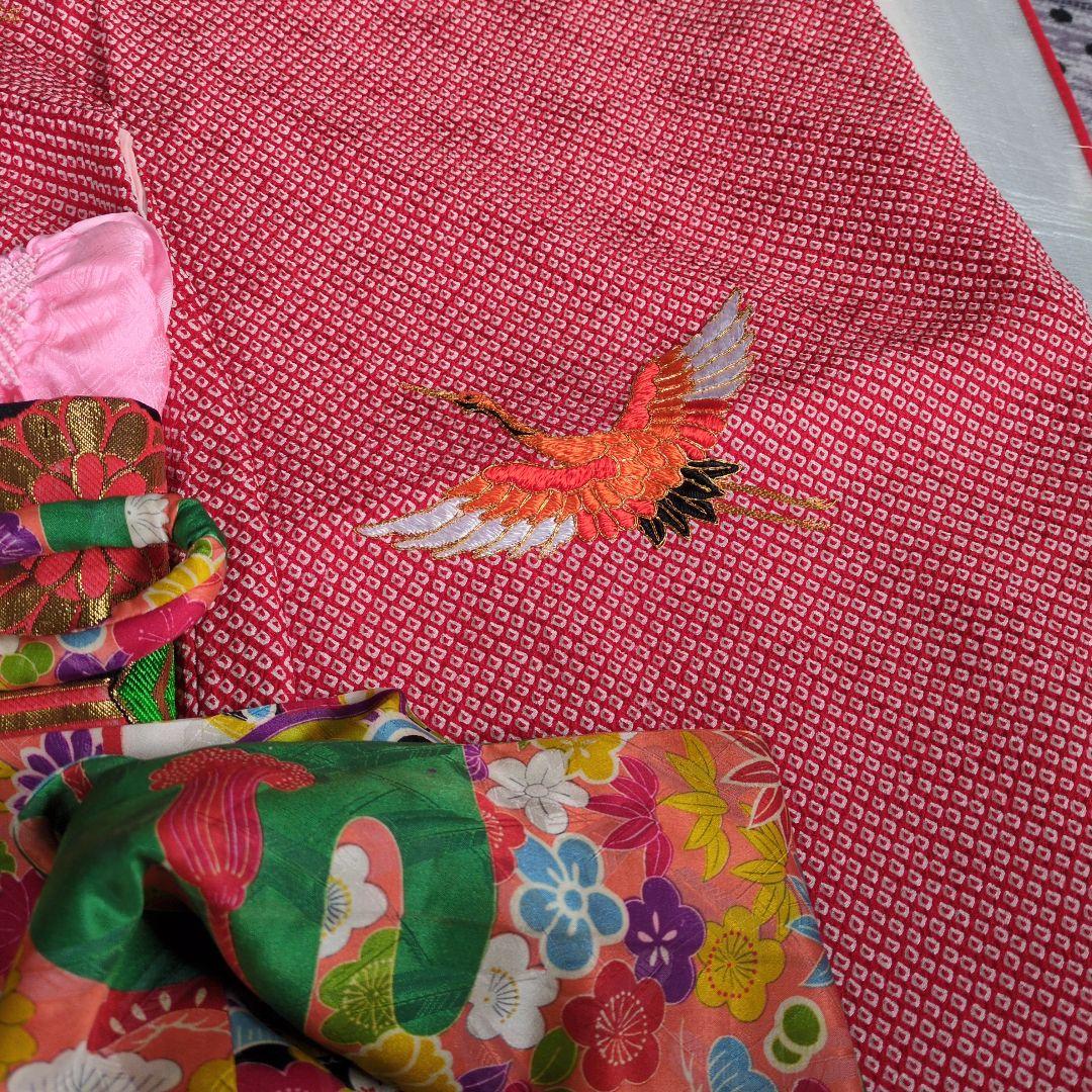 七五三７歳赤色総絞りのお着物と作り帯、帯揚げ帯締めとしごきのセット（長襦袢付き）