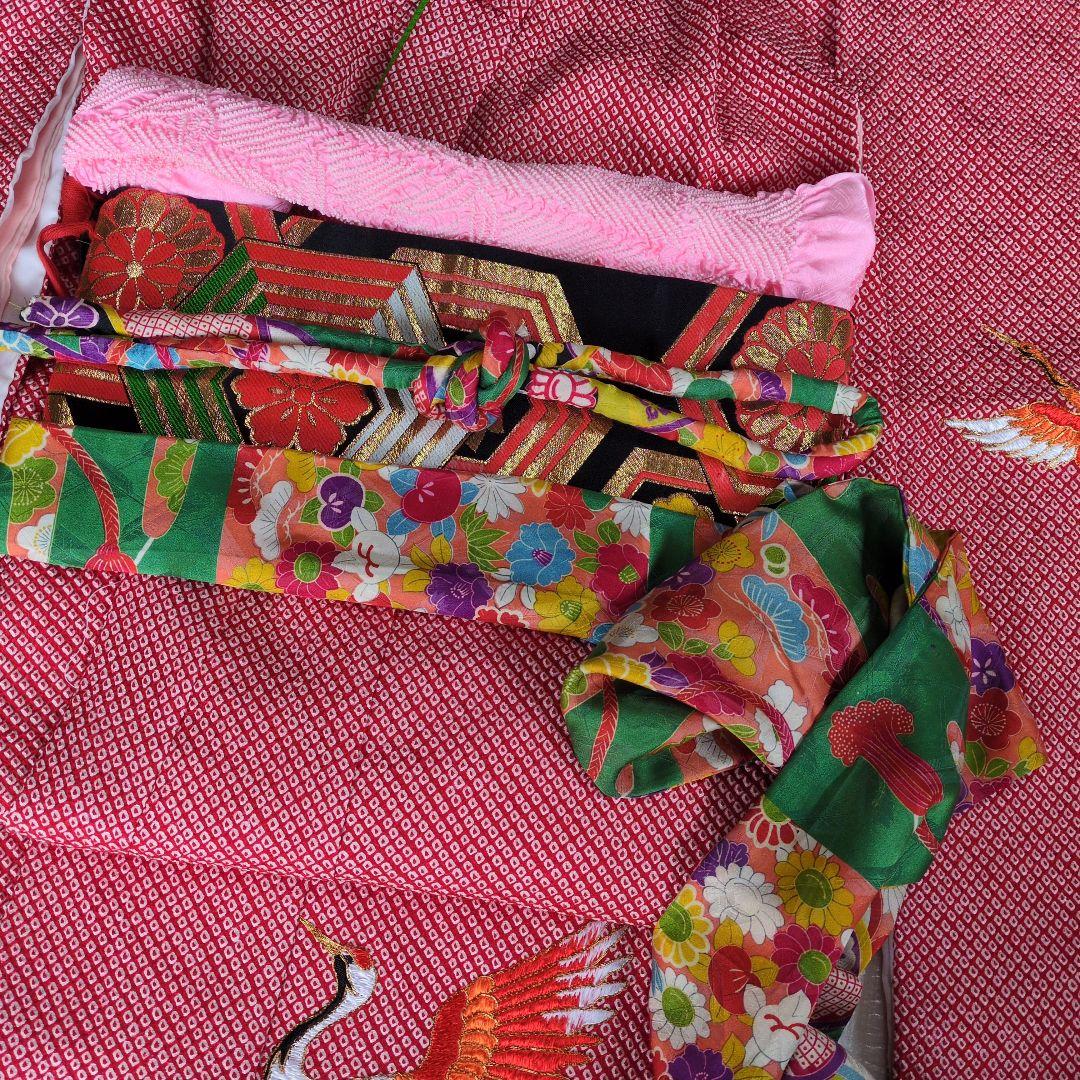 七五三７歳赤色総絞りのお着物と作り帯、帯揚げ帯締めとしごきのセット（長襦袢付き）